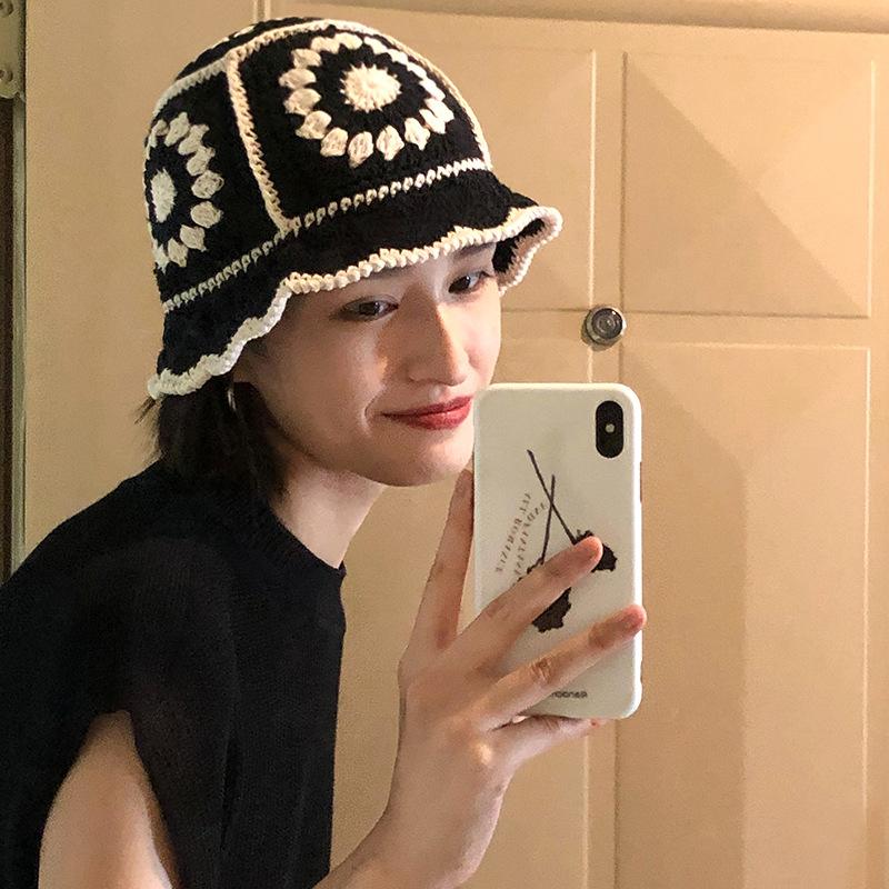 Japanese-style Sweet Hollow Floral Embroidered Knitted Hat for Women, Autumn and Winter, Warm and Versatile Woolen Fisherman Hat for Students, Trendy