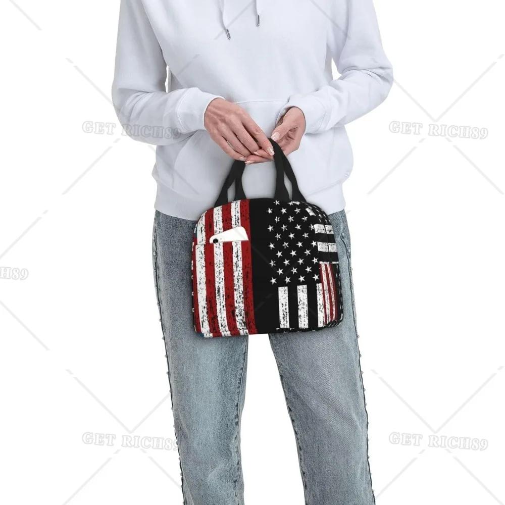 American Usa Flag Lunch Tote Bag for Women Men Reusable Insulated Cooler Lunch Box Container with Pocket for Work Office Trip