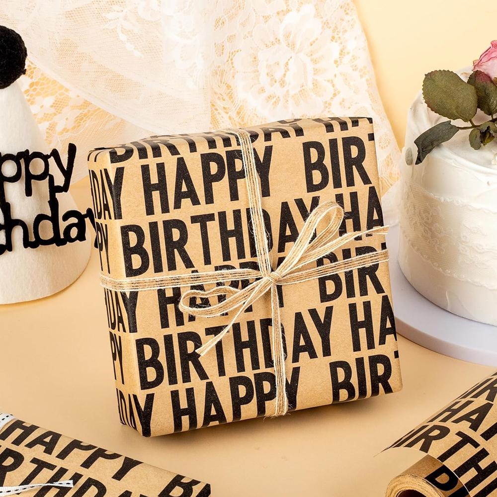 1roll Happy Birthday Gift Wrapping Paper, Vintage Striped Kraft Paper, High-Quality DIY Party Decoration, New Year Decoration