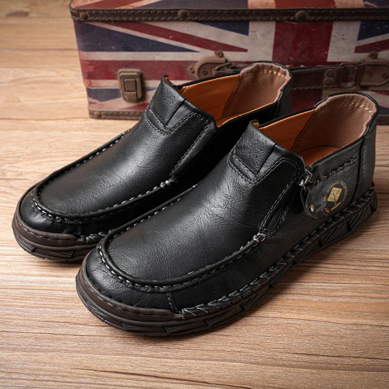 Men's Leather Boots Zipper Low Top Casual Shoes Outdoor Driving Handmade Shoes 39-48