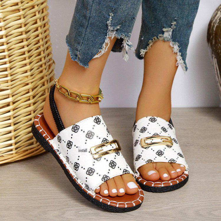 2024 Plus Size One-Strap Round Toe Sandals with Metal Buckle - European/American Style Women's Beach Flats