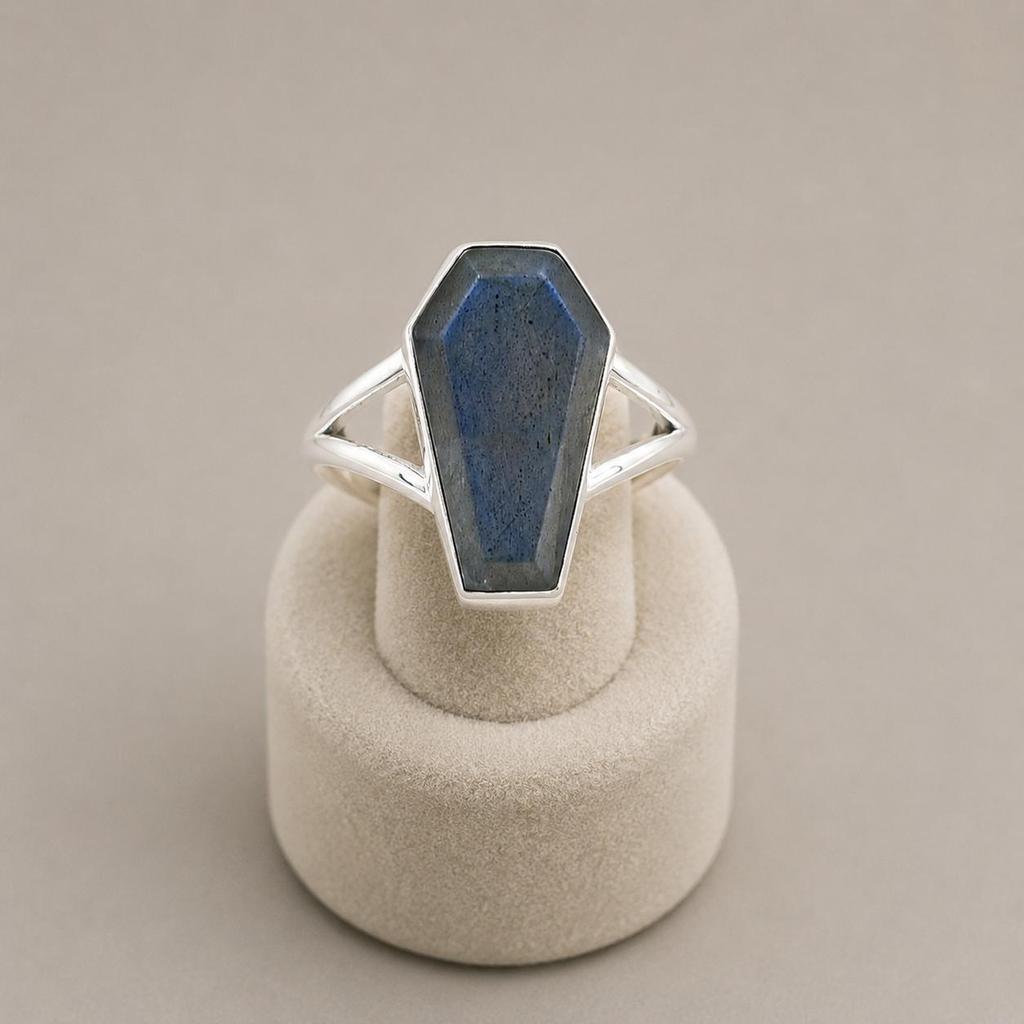 Labradorite Coffin Ring In 925 Sterling Silver, Handmade Flashy Gemstone Ring, Minimalist Boho Jewelry
