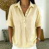 Women's Collared Short Sleeve Striped Blouse Loose Fit Casual Half Button Tunic Top