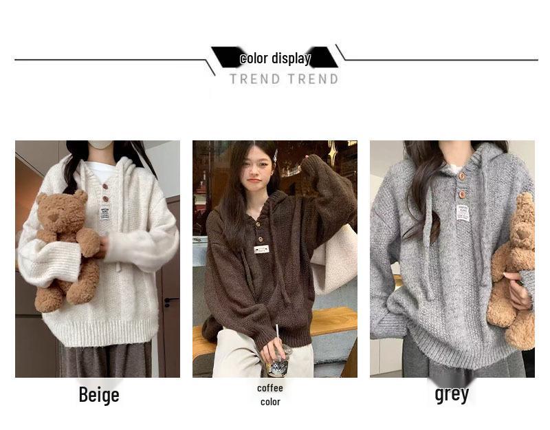White Hooded Women's Sweater - Autumn/Winter 2025 Korean Lazy Style Wool Knit Top
