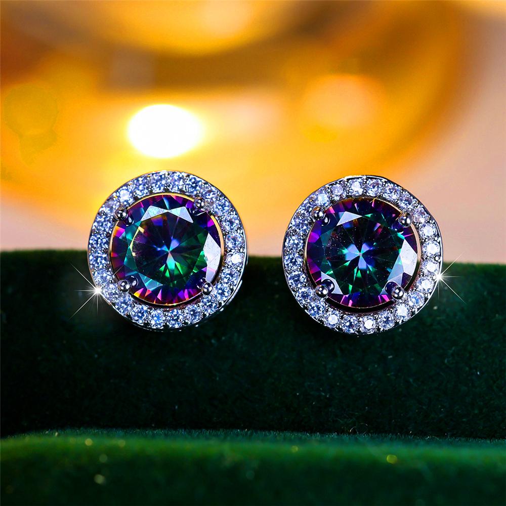 Luxury Male Female Crystal Purple Blue Green Round Stud Earrings Silver Color Wedding Jewelry For Women Men