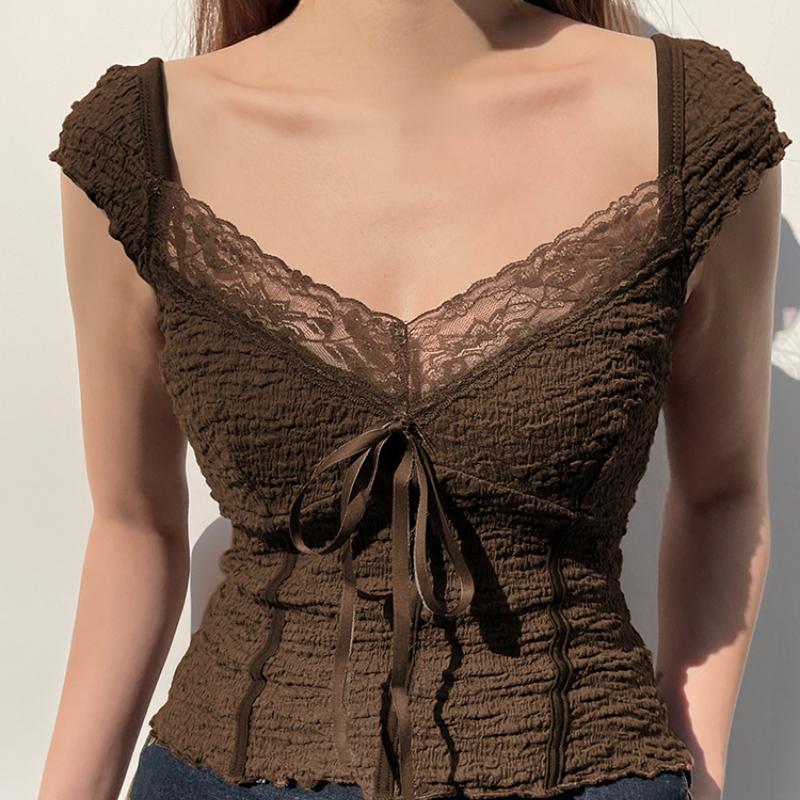 Brown Lace Crop Top y2k Bow Square Collar Summer Short Sleeve T Shirt Women Harajuku Vintage Cute Tee Korean Fairycore