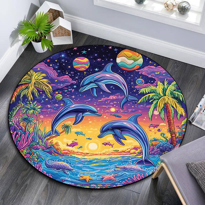 Dolphins Sunset Round Area Rug,Carpet Rug for Living Room Bedroom Sofa Playroom Decor,Non-slip Floor Mat