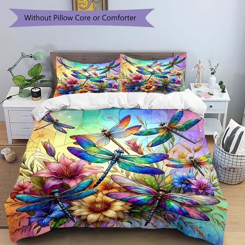3pcs Colorful Dragonflies Printed Bedding Set, Soft and Comfortable Quilt Cover for Bedroom, Guest Room (1 Duvet Cover + 2 Pillowcases