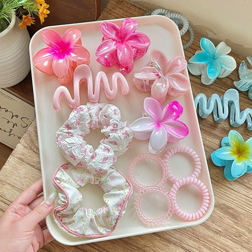 11pcs/Set Plumeria Hawaiian Hair Clamps Set Elastic Ponytail Holder New Hair Rope  Hair Styling