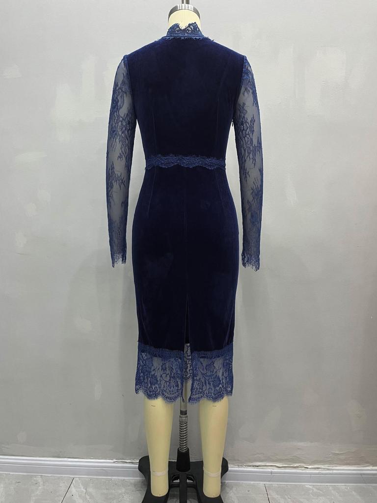 Retro Lace Velvet Deep V-Neck Long Sleeve Dress with Waist-Cinching and Hip-Hugging Skirt