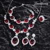 Women Jewelry Set Glossy Pigeon Blood Ruby Zircon Necklace Earrings Open Ring Stretch Bracelet