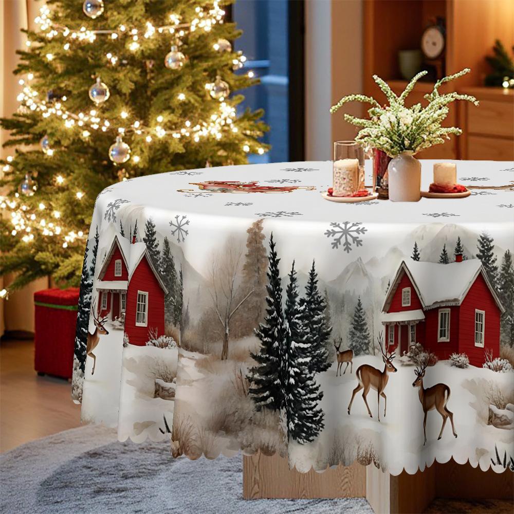 Santa Claus Reindeer Snow Waterproof And Oil-Proof Leave-In Rectangular/Round Dining Table Cloth, Coffee Table Tablecloth