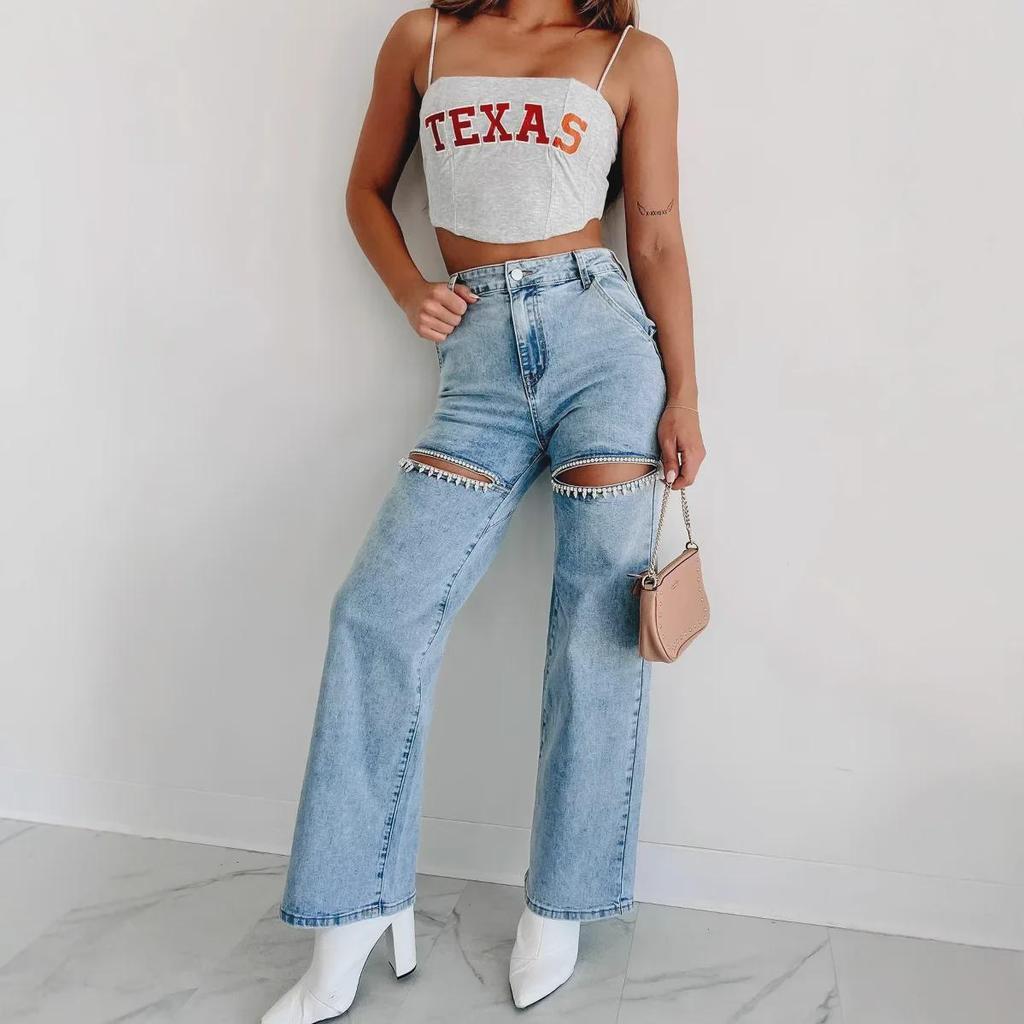 2025 Women's High Waist Straight-Leg Jeans with Chain and Washed Finish