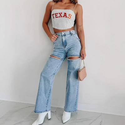 2025 Damen-Jeans mit hoher Taille und geradem Bein, Kette und verwaschenem Finish