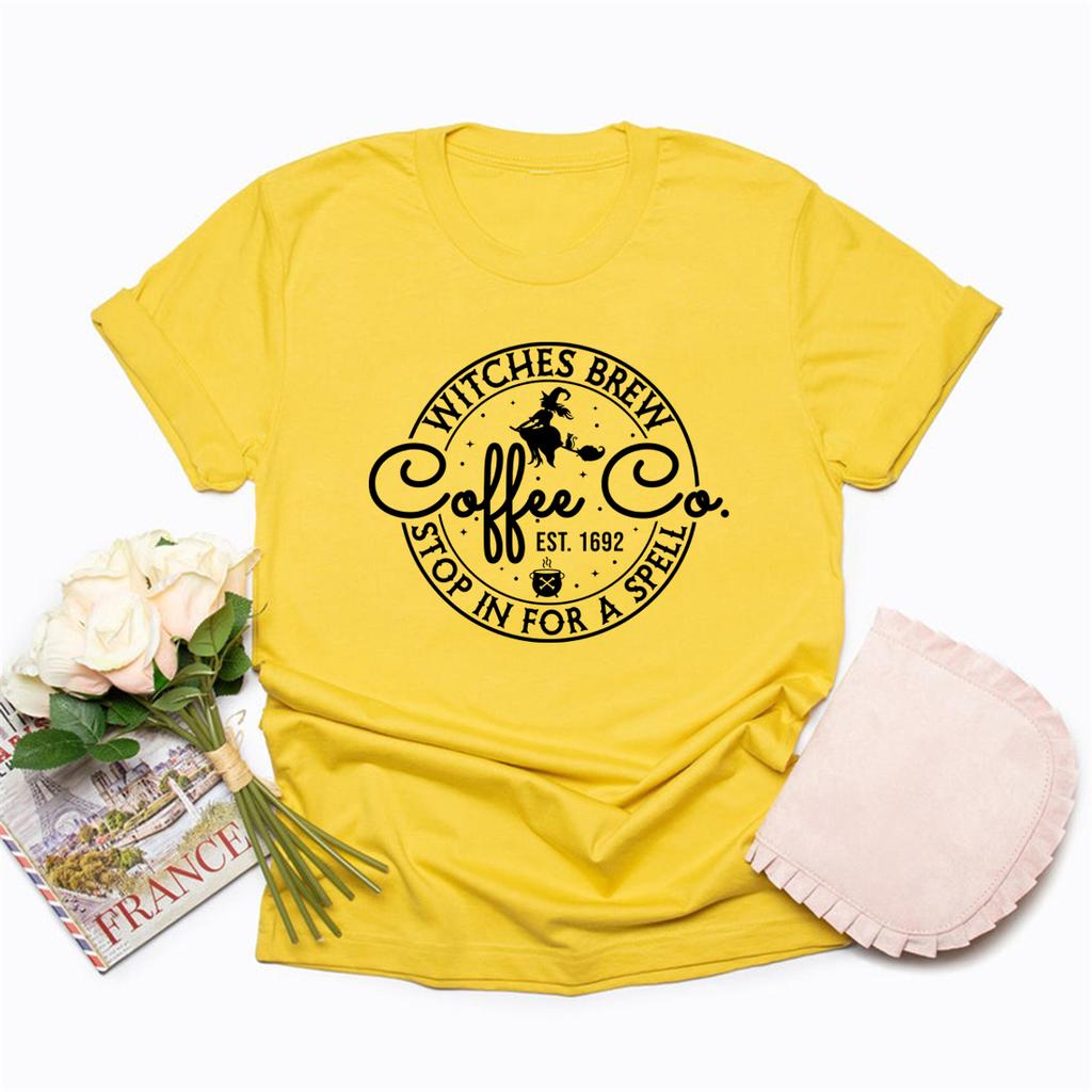 Witches Brew Coffee Co T-Shirt Cute Halloween Shirt Womens Coffee Lover Tee Short Sleeve Graphic T Shirts Halloween Witches Tops