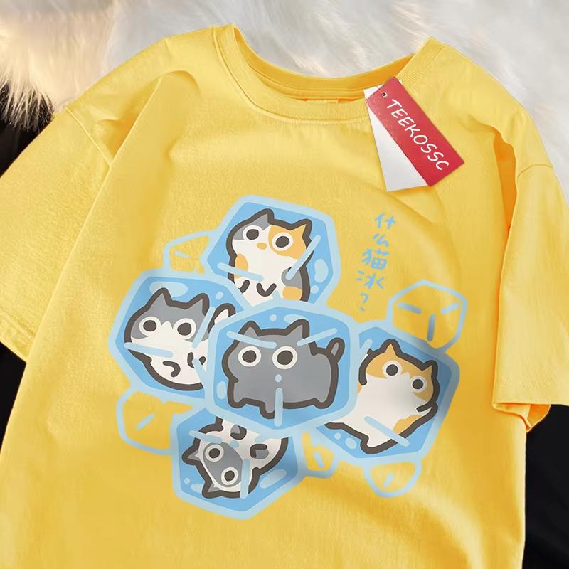 2026Ice Cat Fun Cartoons Cats Print Clothes Unisex Women Oversize BreathableTShirt SummerComfortableCasual T-ShirtCotton Tee Shirt