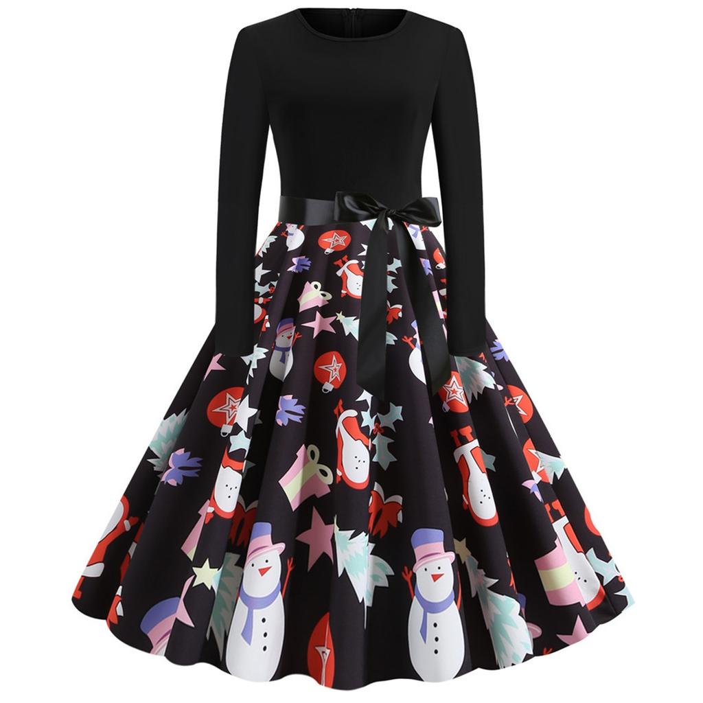 Women's Long Sleeve Vintage Dress Retro Fit Flare Holiday Party Dress Christmas Print Midi Dress with Waist Tie Belt