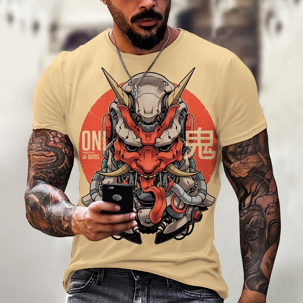Harajuku Samurai Tattoo Men's T-shirt Fashion Art Mask Round Neck Short Sleeve Punk Clothing Shirt