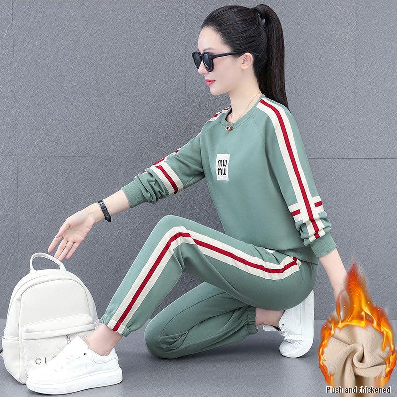 Khmer Women's Warm Sports Suit: Autumn/Winter Plush Hoodie & Sweatpants Two-Piece Set