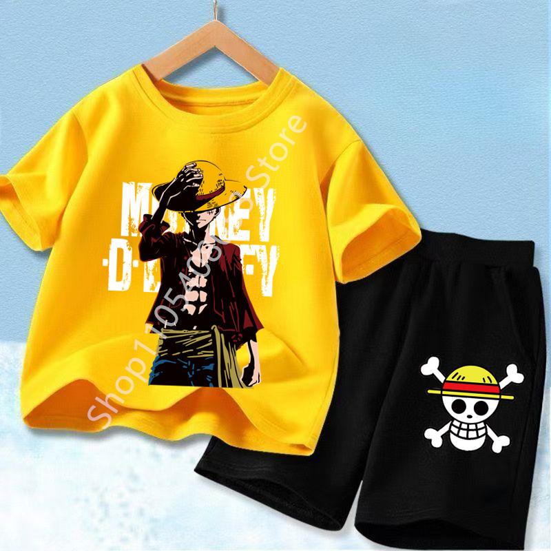 Summer Children Short Sleeve Clothes Set Anime Boy Girl T Shirt Shorts 2pcs One Piece Kids Outfit Chopper Luffy Tracksuit Suit