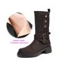 Krazing Pot Cow Suede Round Toe Thick Heels Motorcycle Boots Size 42 Back Zip Women Keep Warm Metal Button Mid-calf Boots