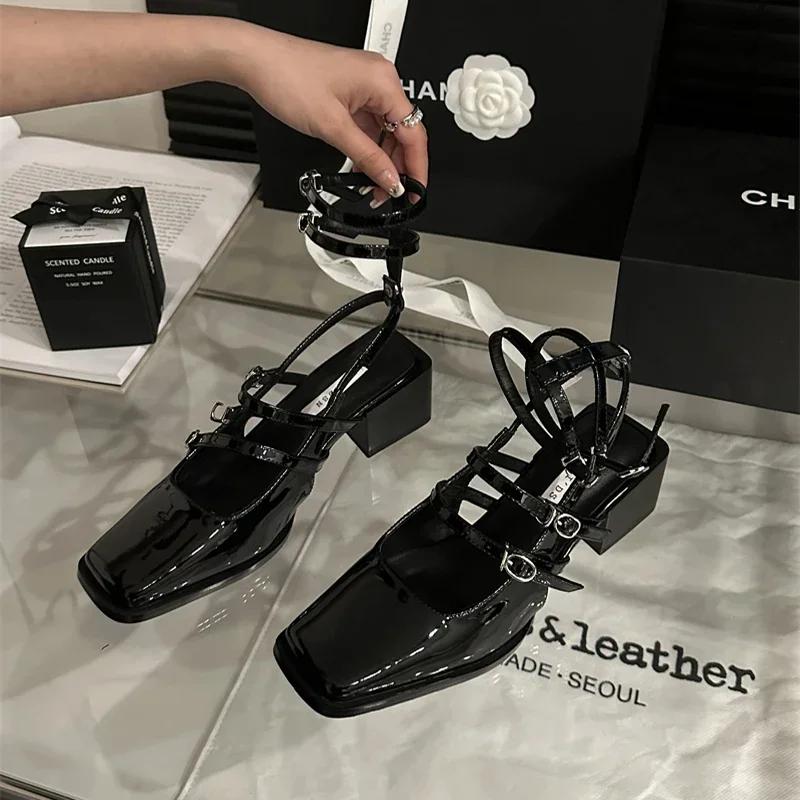 

2026 Summer Design Women Sandal Fashion Narrow Band Dress Square Heel Shoes Ladies Outdoor Patent Leather Mary Jane Shoes 40 чорний