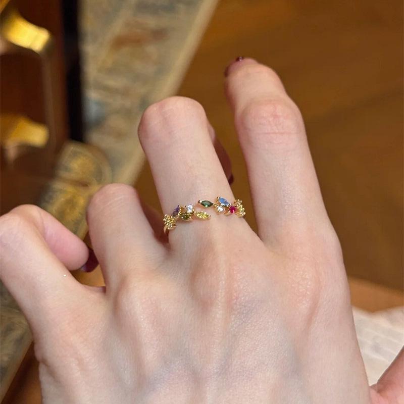 18k Gold Plated Zirconia Leaf Open Ring - Retro Index Finger Design, Light Luxury Jewelry.
