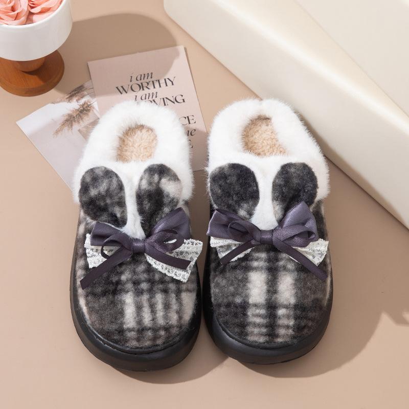 Fashion Women's Platform Cotton Slippers 2025 Autumn Winter New Fashion Bow Knot Lace Warm Home Shoes Non Slip Plush Thicken Slippers
