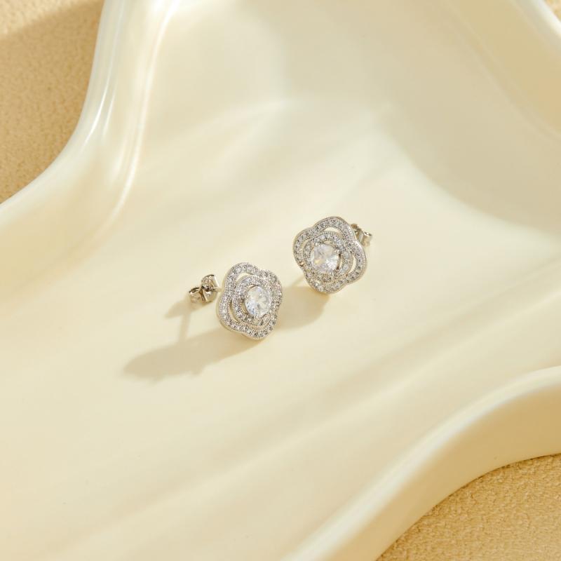 New Fashion Shiny Zirconia Inlaid Rose-shaped Stud Earrings Women's Trend Luxury Copper Earrings Birthday Party Jewellery Gifts