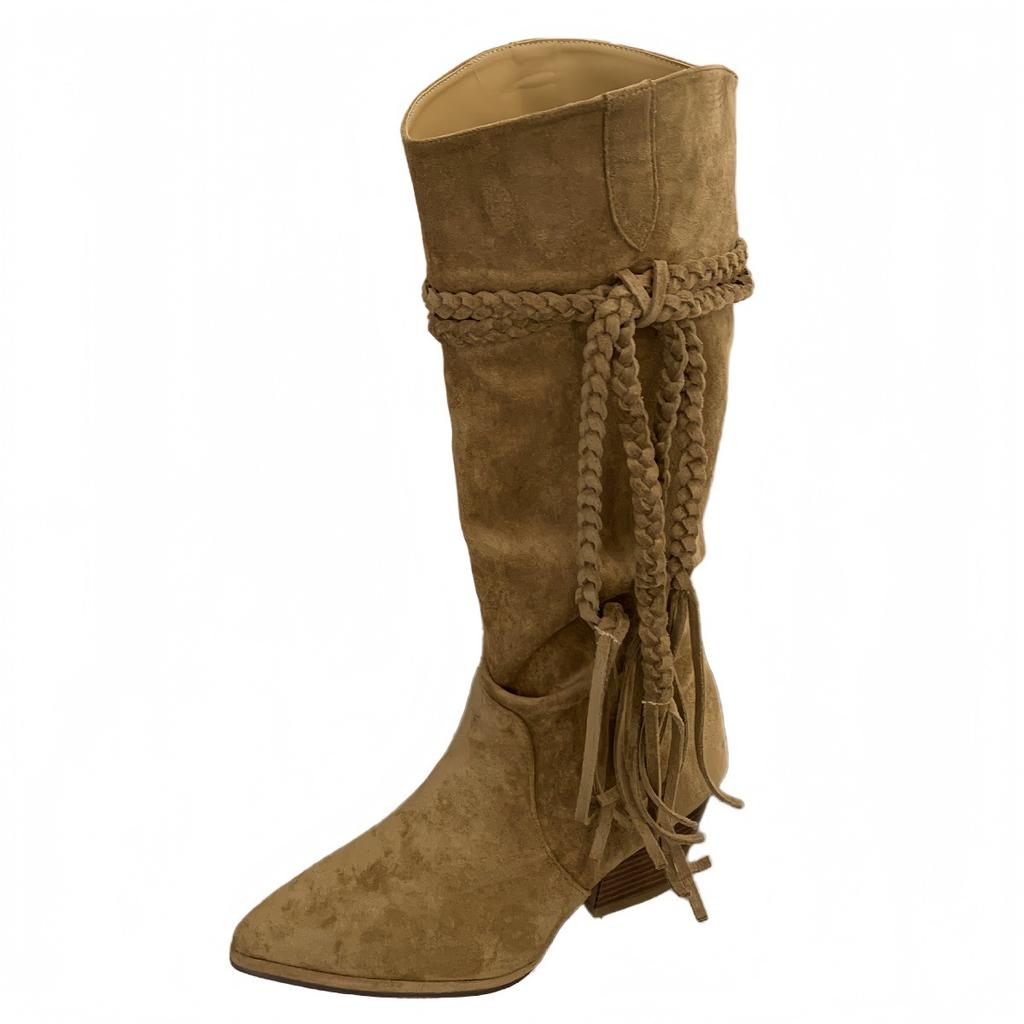 Pointed But Knee High Boots Women's Boots 2025 Autumn and Winter New Suede Retro Thick Heel Lace-up Long Tube Stacking Boots