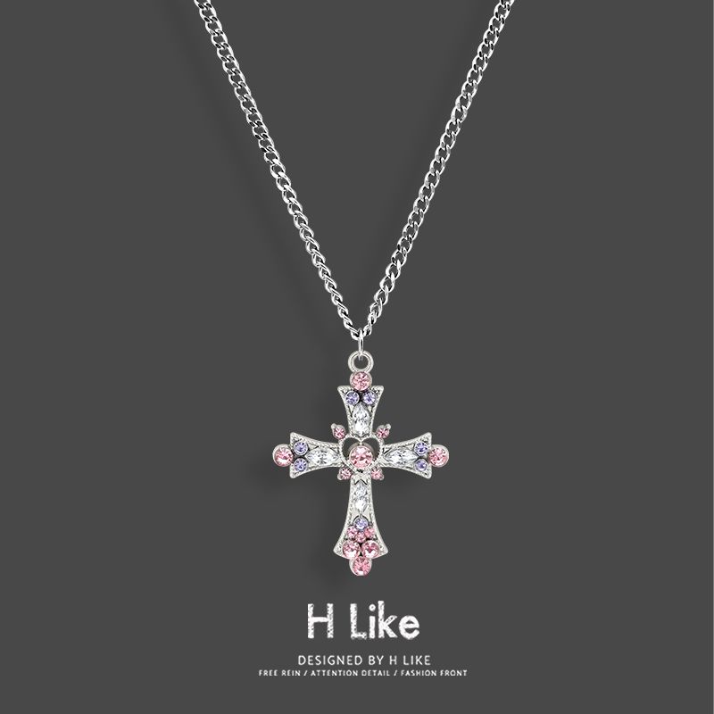 

Pink Purple Diamond Cross Necklace Pendant Titanium Steel Snake Bone Short Sweater Chain Men s and Women s Elegant Style Accessories Square chain 60cm +5cm pink purple diamond cross