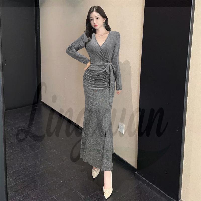 

French Silk V-neck Long Sleeve Pleated Tie-up Slit Bodycon Mermaid Evening Gown M сірий колір
