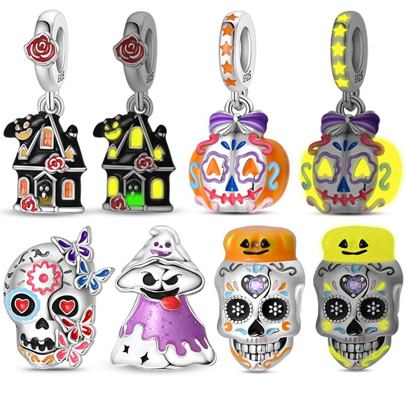 Copper Halloween Luminous Charms Bat Beads Pendant Jewellery Fit Original Bracelet Necklace For Women Diy Gift