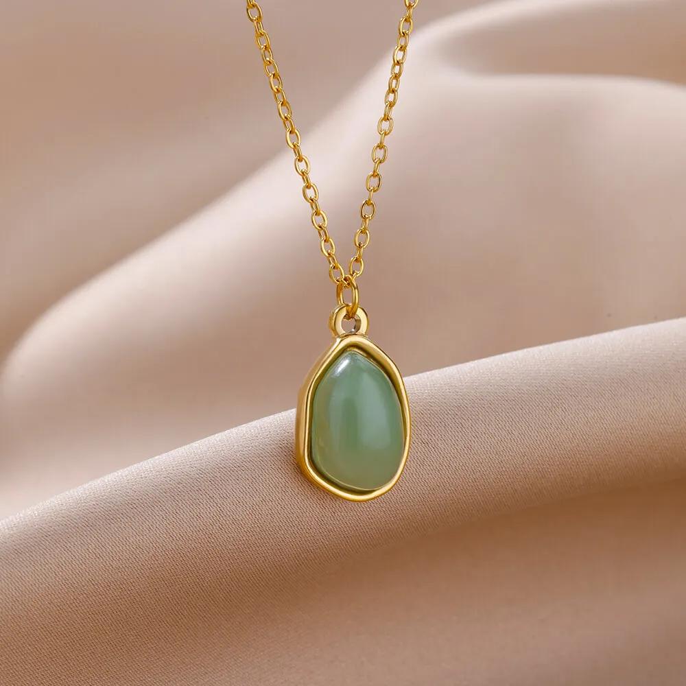 Stainless Steel Green Stone Necklaces For Women Gold Color Chain Stone Opal Oval Pendant Necklace Classic Aesthetic Jewelry Gift