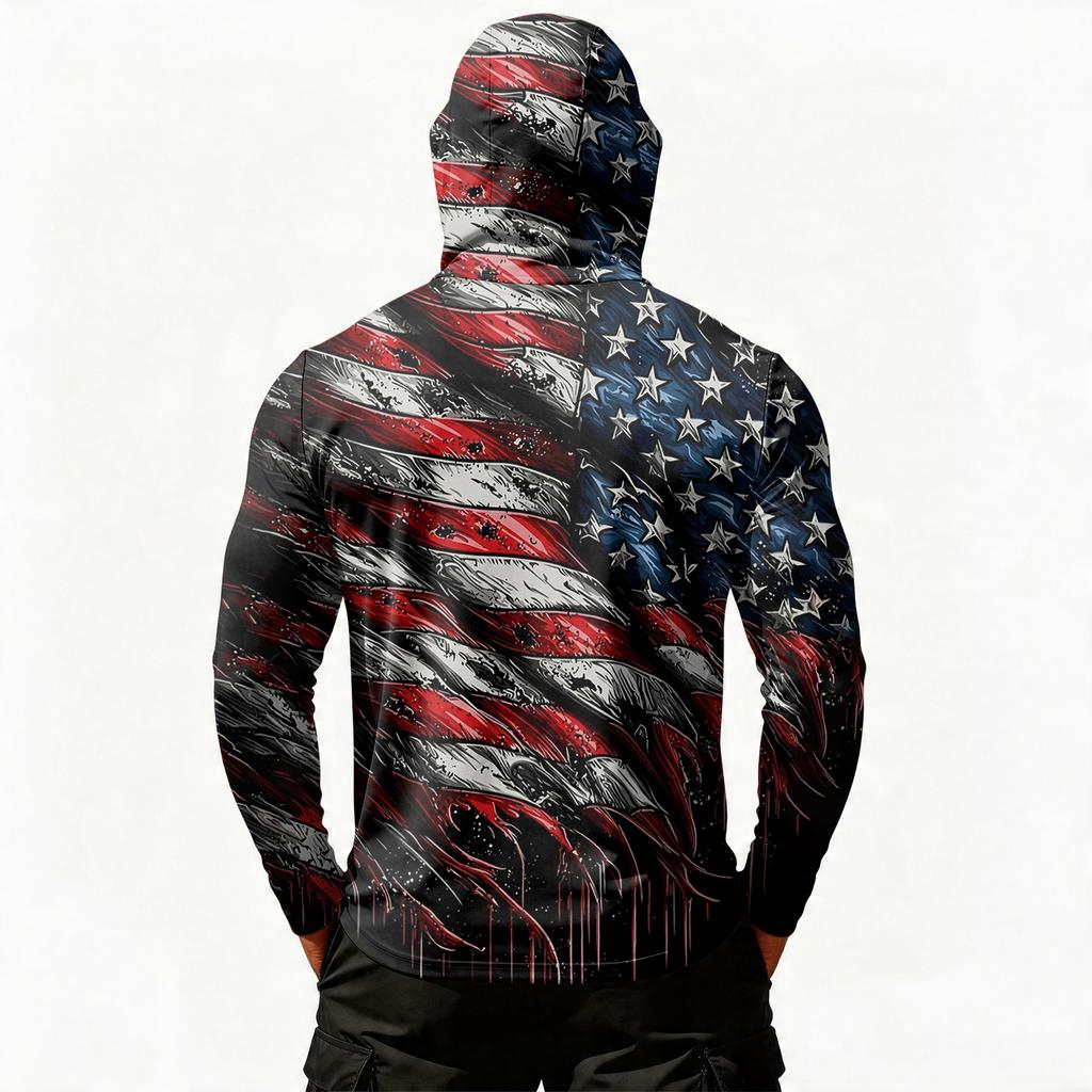 Men's Long Sleeve Hooded Sweatshirt with Flag Print Lightweight Pullover Casual Hooded Top with Front Zipper Pocket