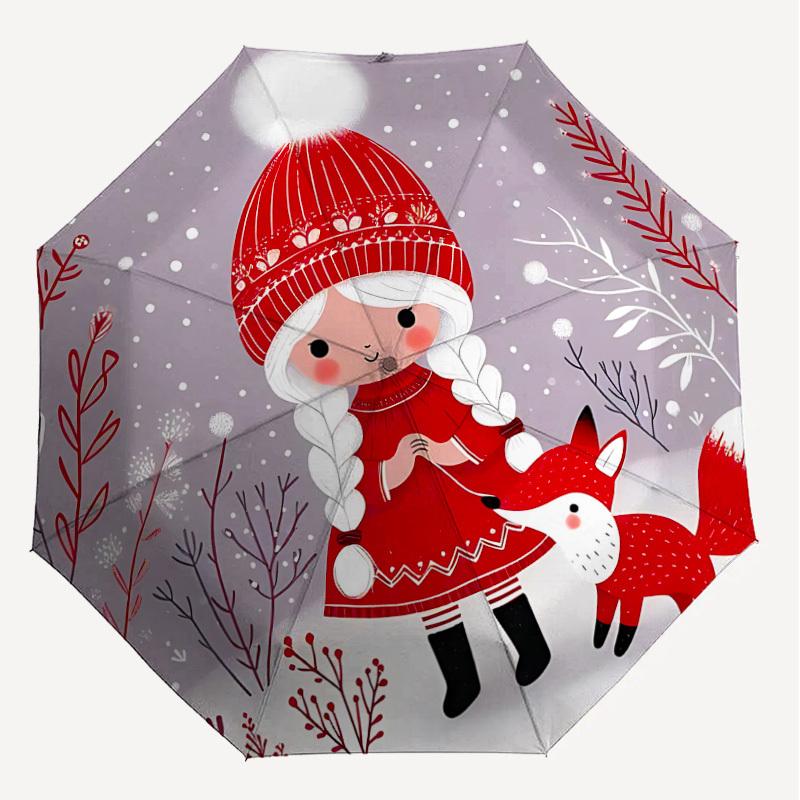1PC Winter, Fox Automatic Open/Close Umbrella with Windproof, 8-Rib Sturdy Canopy, Durable Ribs, Fashionable Design, Outdoor Accessory, Fun Prin, Holi