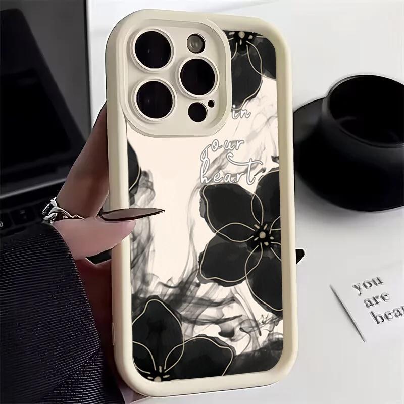 For iphone 17 16pro 15pro14 13 12 11 12pro 13pro max 14plus Silicone AntiFall Protective Black Flower Rose Cover