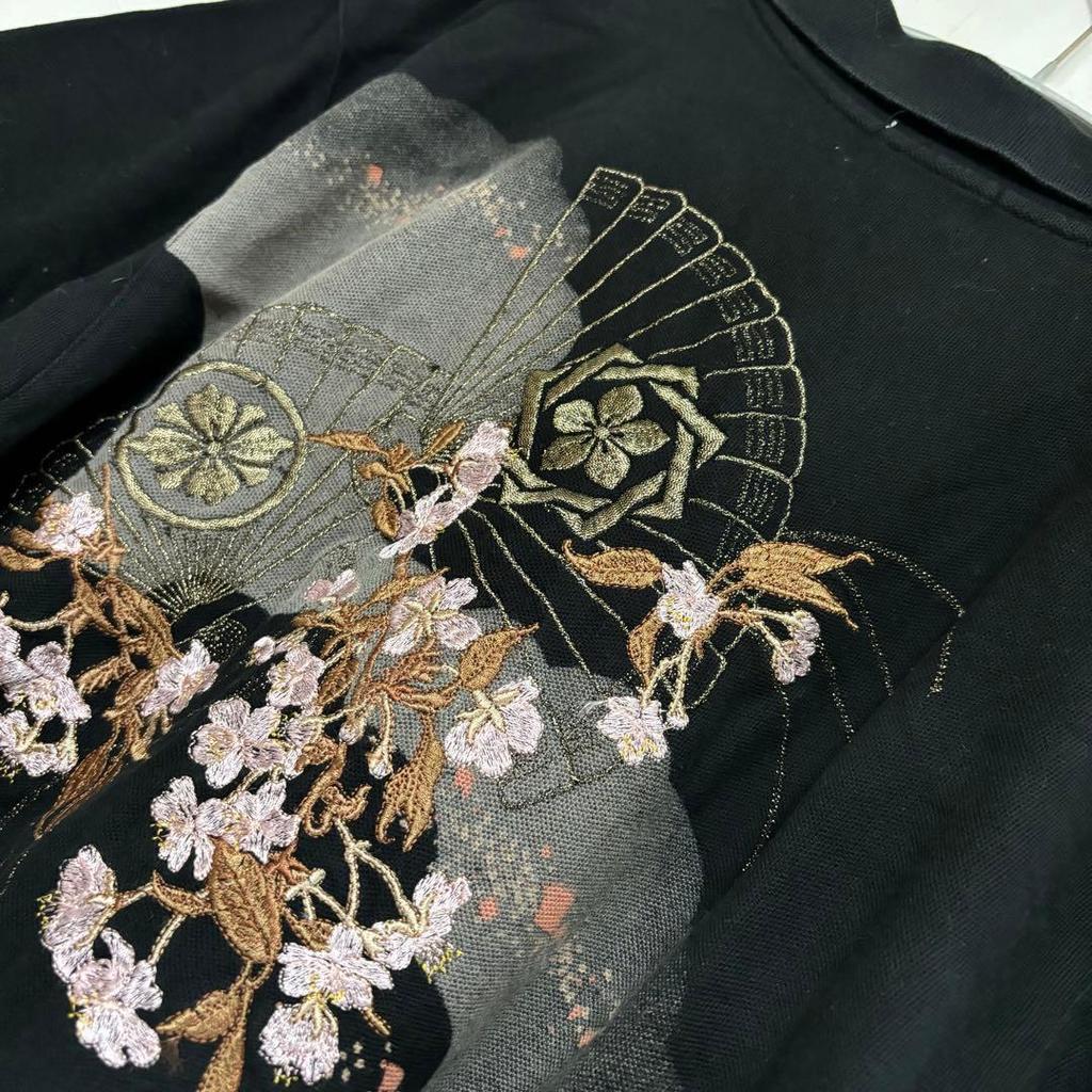 Used Karakuri Tamashii Black Floral Embroidery Polo Shirt Japanese Pattern