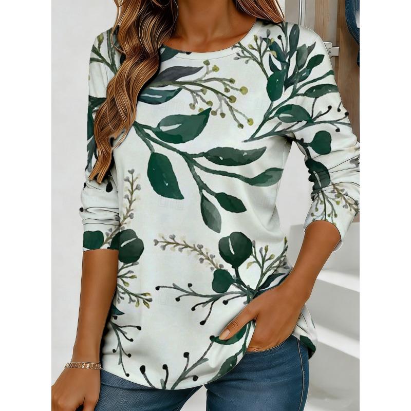 Women's purple floral print long-sleeved loose-fitting round neck top, casual everyday style with an elegant design.