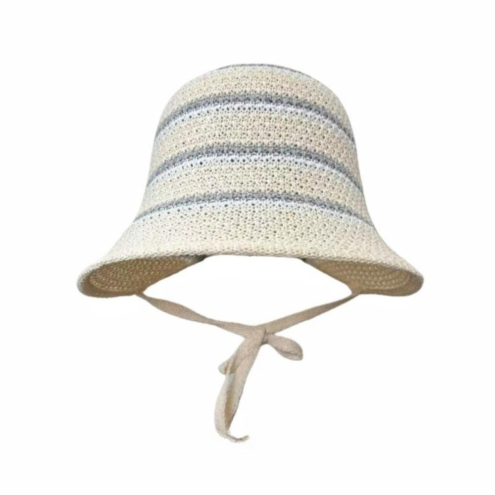 

Knitted Striped Bucket Hat Hollow Out Panama Hat Korean Style Sunshade Hat Sun Protection бежевый