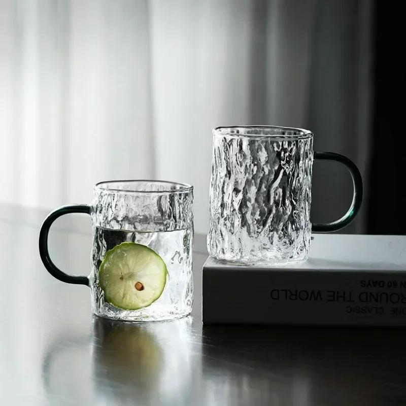 Glacial Pattern Glass Cup Heat Resistant Coffee Cup with Handle Transparent Breakfast Milk Mug Household Drinking Tools Gifts