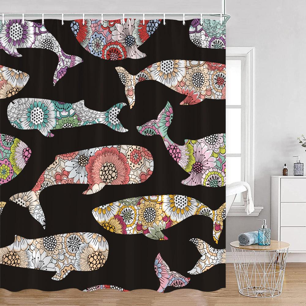 Ocean Animals Nautical Cartoon Shower Curtains Tropical Fishes Sharks Shell Sea Turtle Bathroom Decorations Kids Bath Curtain Wi