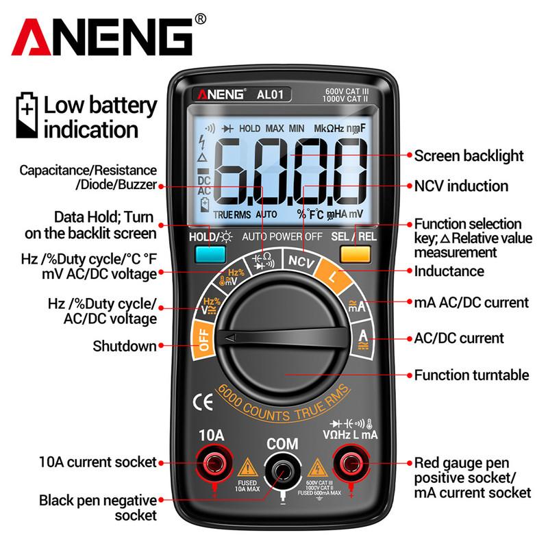 ANENG AL01 Inductance Digital Multimeters True RMS NCV Handheld 6000 Counts Tester AC/DC Votage Current Resistance Ohm Tool