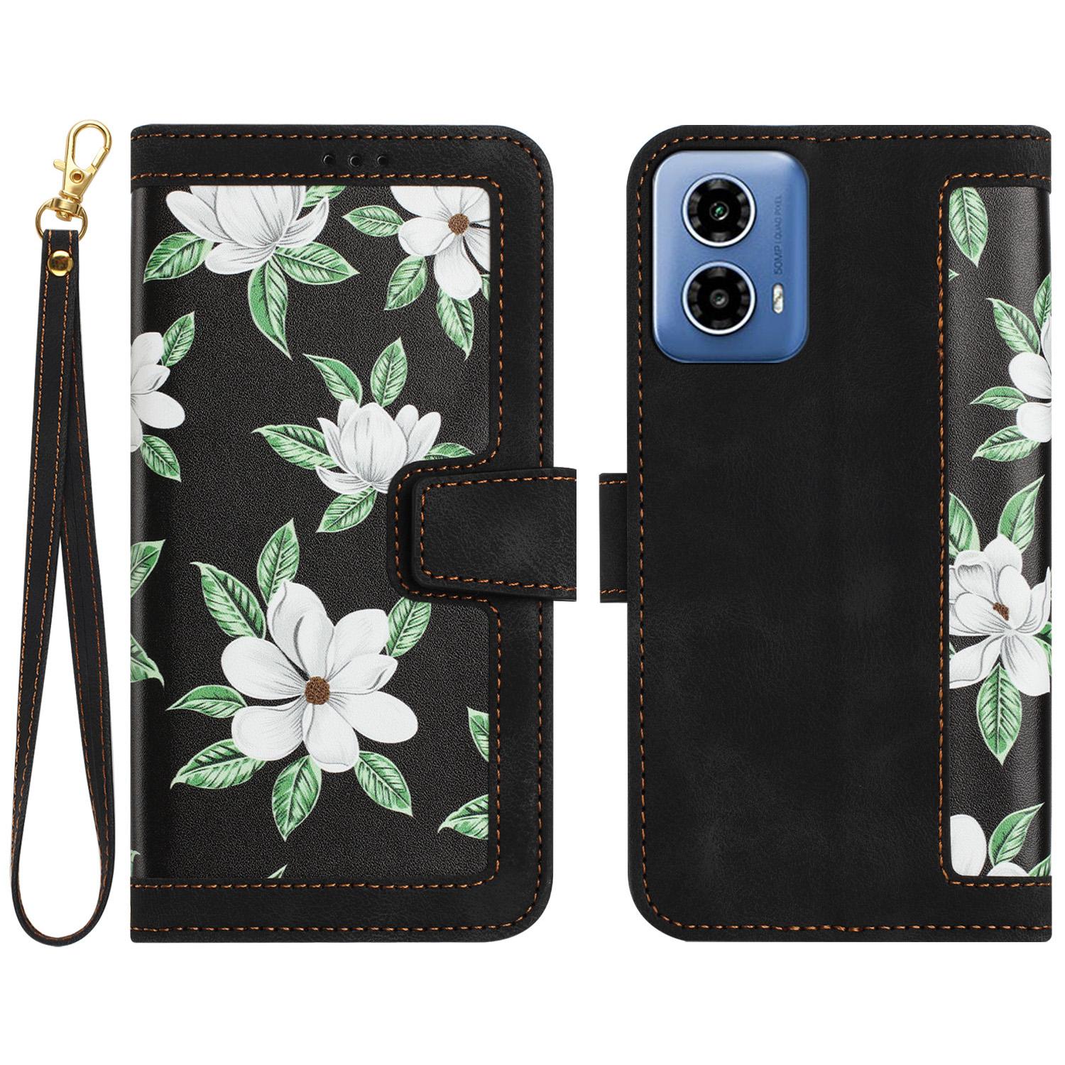 

For Motorola Moto G 5G (2024) Case Flower Pattern PU Leather Phone Cover with Card Holder Black