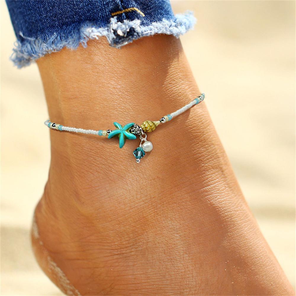 Böhmische Muschel Seestern Sommer Strand Fußkettchen für Frauen Schildkröte Fußkettchen am Bein Mädchen Barfuß Handarbeit Kette Schmuck