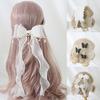 Girls Ruffles Lace Necklace with Pearl Chain Pendant Ribbon Bows Earrings Hair Clips Handmade Lolita Hair Ornaments