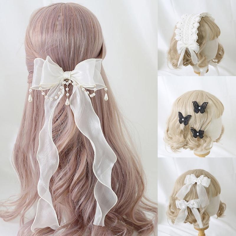 Girls Ruffles Lace Necklace with Pearl Chain Pendant Ribbon Bows Earrings Hair Clips Handmade Lolita Hair Ornaments