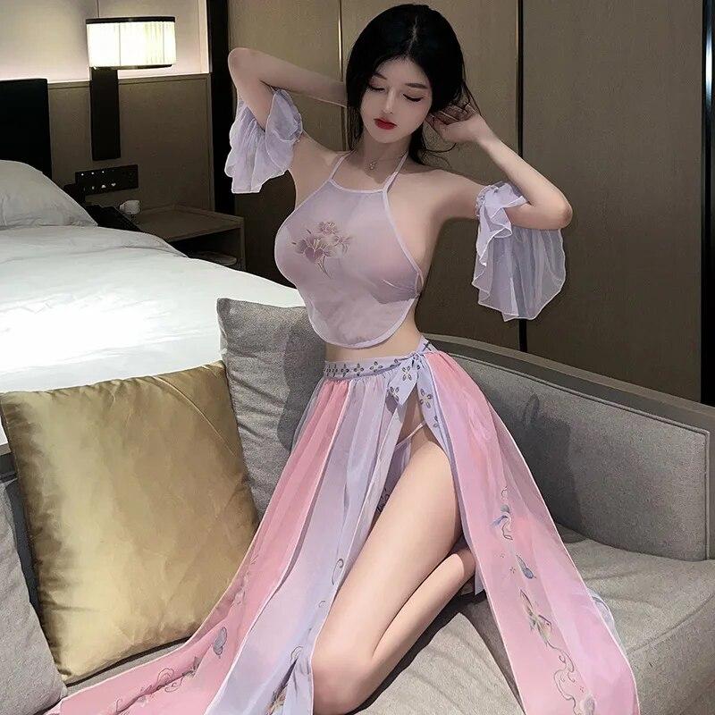 Women Sexy Hanfu Costumes Tranditional Dress Erotic Lingerie Underwear Skirt Lenceria Para Damas Nightwear Purple Outfit