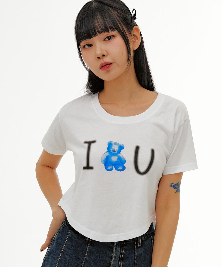 AMBLER Blue Bear, Love U Round Hem Crop Short Sleeve T-Shirt Acr505 (White)