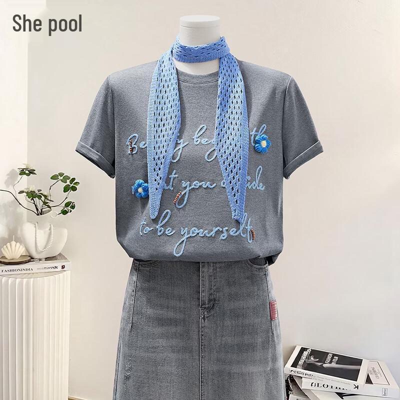 Women s 2026 Spring Letter Embroidery Loose Fit T-Shirt S